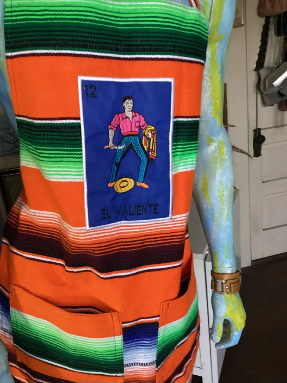 El Valiente  loteria Orange Mexican Serape Apron with Pockets